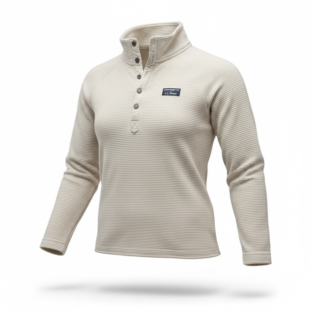 LL Bean Women's L Lakewashed Double-Knit Quarter-Snap Cream PullOver